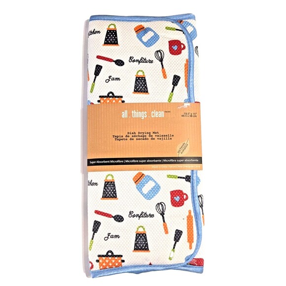 Kitchen Utensils Tools Dish Drying Mat Reversible Blue Microfiber 19 X 15-in NEW - Picture 1 of 5